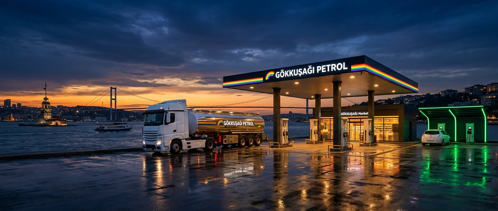 Akşam mavi saatinde Gökkuşağı Petrol istasyon kanopisi ve krom tanker; arka planda Boğaz köprüsü ve Kız Kulesi