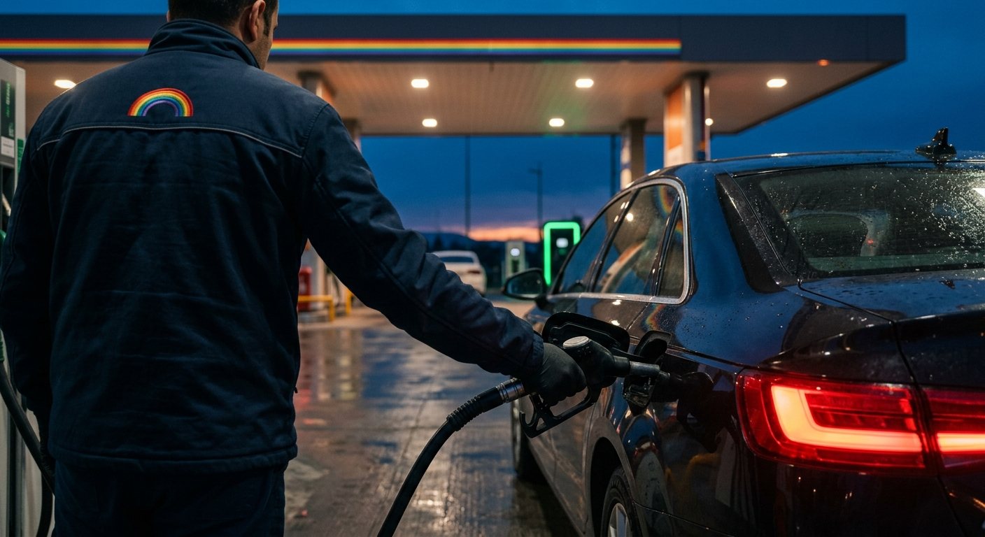 Sırtında gökkuşağı arması olan pompacı bir otomobile yakıt dolduruyor